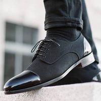 Handmade Black Cap Toe Stylish Leather & Denim Lace Up Oxford Formal Dress Shoes - Thumbnail 4