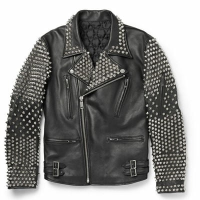 New philips plain black studded embroidery patches leather jacket biker men - Thumbnail 3