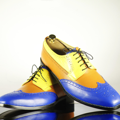 Handmade men's casual shoes, men's multi color leather wing tip lace up formal shoes. - Thumbnail 1