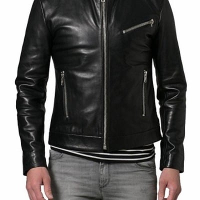 Men's black zipper slim fit fashion leather jacket biker leather fashion jacket - Thumbnail 1
