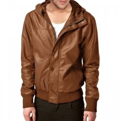 Handmade men's leather jacket stylish brown double closure bomber hood leather jacket - Thumbnail 3