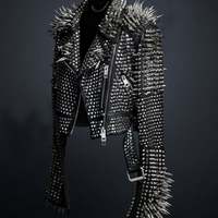 New Handmade Women Black Fashion Studded Punk Style Leather Jacket - Thumbnail 1