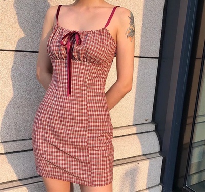 Cute Plaid Checkered A-line Spaghetti Strap Bow Summer Short Dress Kawaii Korean Japanese Harajuku Chinese Retro Streetwear Aesthetic Fashion