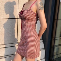 Cute Plaid Checkered A-line Spaghetti Strap Bow Summer Short Dress Kawaii Korean Japanese Harajuku Chinese Retro Streetwear Aesthetic Fashion - Thumbnail 2