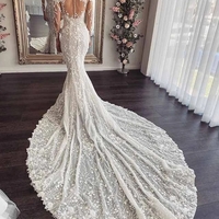 Romantic Mermaid Sheer Neck Long Sleeves Ivory Lace Wedding Dresses - Thumbnail 1