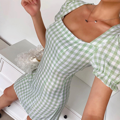 Temperament sexy short sleeve plaid dress - Thumbnail 3