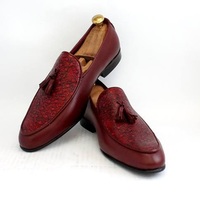 Men's Handmade Burgundy Leather Tussles Loafers Party Wear Shoes  - Thumbnail 1