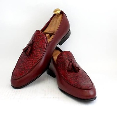 Men's handmade burgundy leather tussles loafers party wear shoes  - Thumbnail 1