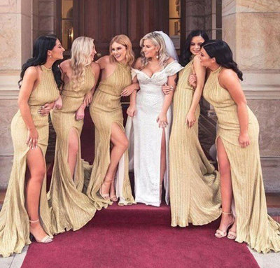 High Neck Backless Gold Bridesmaid Dresses for Wedding Party