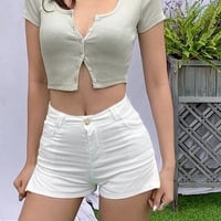 Cute V Neck Short Sleeve Cardigan Button Up Crop Top Tee T-shirt Shirt Kawaii Korean Japanese Harajuku Chinese Retro Streetwear Aesthetic Fashion - Thumbnail 4