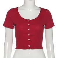 Cute V Neck Short Sleeve Cardigan Button Up Crop Top Tee T-shirt Shirt Kawaii Korean Japanese Harajuku Chinese Retro Streetwear Aesthetic Fashion - Thumbnail 6