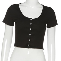 Cute V Neck Short Sleeve Cardigan Button Up Crop Top Tee T-shirt Shirt Kawaii Korean Japanese Harajuku Chinese Retro Streetwear Aesthetic Fashion - Thumbnail 7