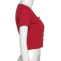 Cute V Neck Short Sleeve Cardigan Button Up Crop Top Tee T-shirt Shirt Kawaii Korean Japanese Harajuku Chinese Retro Streetwear Aesthetic Fashion - Thumbnail 9