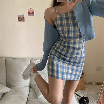 Cute Plaid Checkered Print Spaghetti Strap A-Line Mini Dress Kawaii Korean Japanese Harajuku Chinese Retro Streetwear Aesthetic Fashion