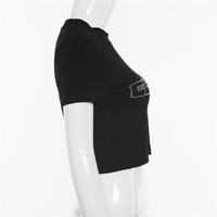 Cute Sexy Black Cosmic Letter Sequin Crop Top T-shirt Short Sleeve Shirt Kawaii Korean Japanese Harajuku Chinese Retro Streetwear Aesthetic Fashion - Thumbnail 6