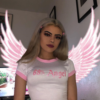 Cute Sexy Angel Pink Cartoon Crop Top Short Sleeve Shirt Tee T-shirt Kawaii Korean Japanese Harajuku Chinese Retro Streetwear Aesthetic Fashion