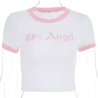 Cute Sexy Angel Pink Cartoon Crop Top Short Sleeve Shirt Tee T-shirt Kawaii Korean Japanese Harajuku Chinese Retro Streetwear Aesthetic Fashion - Thumbnail 3