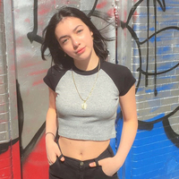 Cute Pink White Contrast Basic Crop Top Short Sleeve Shirt Tee T-shirt Kawaii Korean Japanese Harajuku Chinese Retro Streetwear Aesthetic Fashion - Thumbnail 1