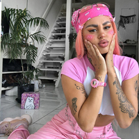 Cute Pink White Contrast Basic Crop Top Short Sleeve Shirt Tee T-shirt Kawaii Korean Japanese Harajuku Chinese Retro Streetwear Aesthetic Fashion - Thumbnail 4