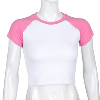 Cute Pink White Contrast Basic Crop Top Short Sleeve Shirt Tee T-shirt Kawaii Korean Japanese Harajuku Chinese Retro Streetwear Aesthetic Fashion - Thumbnail 8