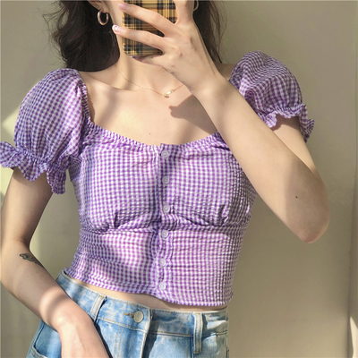 Cute summer vintage puffy ruffle blouse top short sleeve shirt tee t-shirt kawaii korean japanese harajuku chinese retro streetwear aesthetic fashion