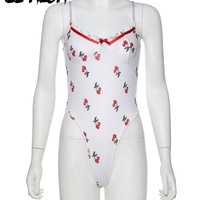 Cute Sweet Sexy Cherry Ruffle Bodysuit Top Tees Tshirts E-Girl Kawaii Korean Japanese Harajuku Chinese Retro Streetwear Aesthetic  - Thumbnail 2