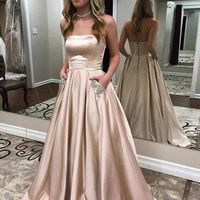 Cute Ball Gown Strapless White Satin Prom Dresses with Pockets, Beading Pockets Prom Gowns - Thumbnail 1
