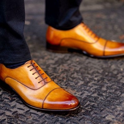 Men's handmade tan cap toe leather stylish maroon shaded toe formal dress shoes