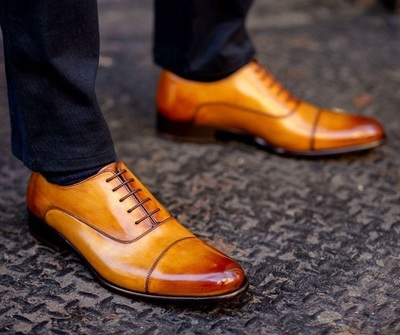 Men's Handmade Tan Cap Toe Leather Stylish Maroon Shaded Toe Formal Dress Shoes