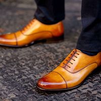 Men's Handmade Tan Cap Toe Leather Stylish Maroon Shaded Toe Formal Dress Shoes - Thumbnail 1