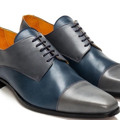 Men's handmade grey dark blue & camel calf leather cap toe lace up oxfords shoes