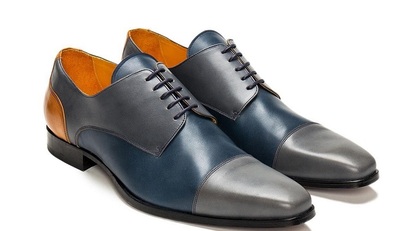 Men's Handmade grey dark blue & camel Calf Leather Cap Toe Lace Up Oxfords Shoes