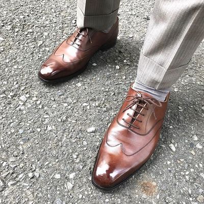 Handmade pure leather brown colour long wing tip lace up dress shoes for men's