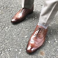 Handmade Pure Leather Brown Colour Long Wing Tip Lace Up Dress Shoes For Men's - Thumbnail 1