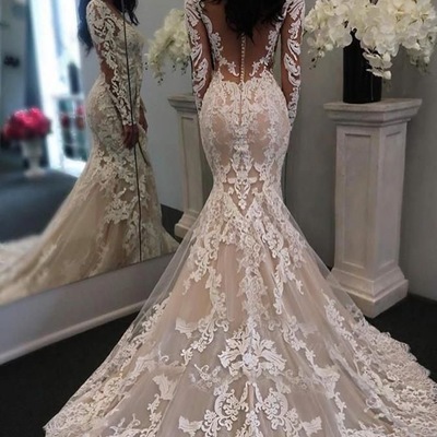 V neck mermaid lace wedding dresses bridal gown - Thumbnail 4