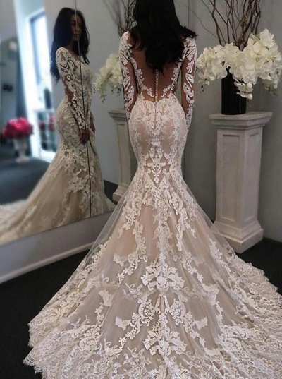 V Neck Mermaid Lace Wedding Dresses Bridal Gown