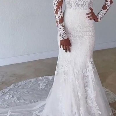 V neck wedding dresses bridal gown with full sleeves - Thumbnail 5