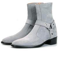 Handmade Pure Gray Suede Classic Buckle Style Ankle High Zipper Boot for Men's - Thumbnail 3