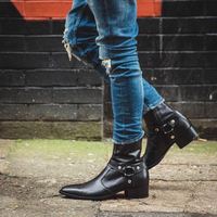 Men's Handmade Pure Leather Stylish Buckle Chelsea Black Ankle High Zipper Boot - Thumbnail 3