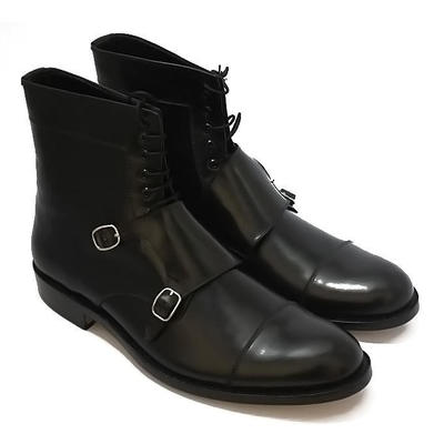 Handmade pure black patent leather ankle high stylish buckle boots for men's - Thumbnail 2