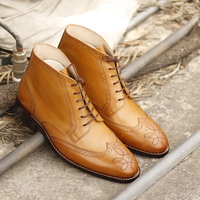 Hand Crafted Men's Tan Wing Tip Ankle boots, leather boots, Lace Up formal boot for Men - Thumbnail 1