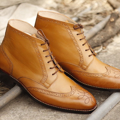 Hand crafted men's tan wing tip ankle boots, leather boots, lace up formal boot for men - Thumbnail 3