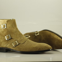 Hand Crafted Men's Beige Triple Monk Straps Ankle boots, Suede boots,formal boot for Men - Thumbnail 1