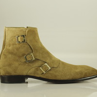Hand Crafted Men's Beige Triple Monk Straps Ankle boots, Suede boots,formal boot for Men - Thumbnail 2