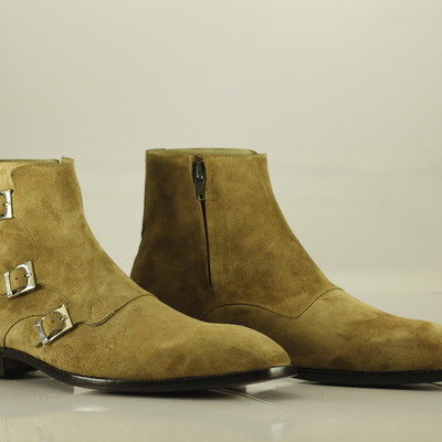 Hand crafted men's beige triple monk straps ankle boots, suede boots,formal boot for men - Thumbnail 1