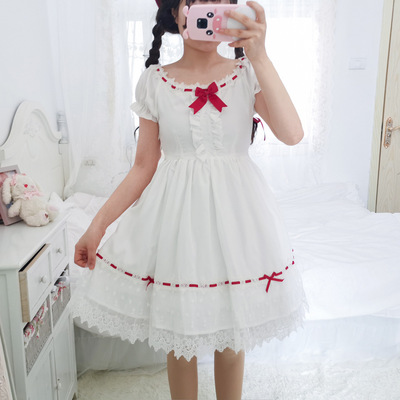 Sweet and lovely red drawstring lace white dress