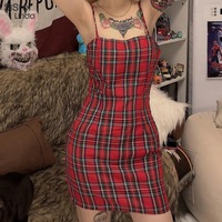 Cute Sexy Red Plaid Checkered Mini Dress Party Bodycon E-Girl Kawaii Korean Japanese Harajuku Chinese Retro Streetwear Aesthetic  - Thumbnail 1