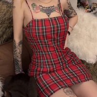 Cute Sexy Red Plaid Checkered Mini Dress Party Bodycon E-Girl Kawaii Korean Japanese Harajuku Chinese Retro Streetwear Aesthetic  - Thumbnail 3