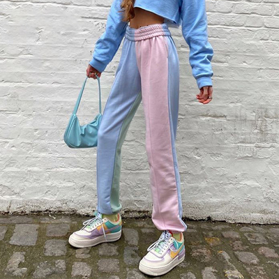 Cute patchwork color contrast baggy jogger pink blue sweatpants high waist trousers e-girl kawaii korean japanese harajuku retro streetwear aesthetic 