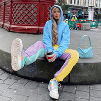 Cute Patchwork Color Contrast Baggy Jogger Pink Blue Sweatpants High Waist Trousers E-Girl Kawaii Korean Japanese Harajuku Retro Streetwear Aesthetic  - Thumbnail 4